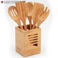 Non Toxic Cooking Tools Smooth Reusable Bamboo Wooden Utensil Set Bamboo Products with Holder